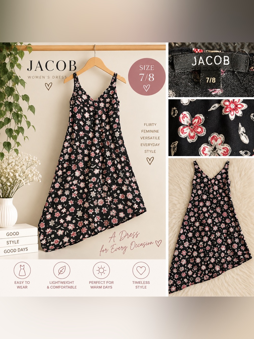 JACOB Women’s Black Floral Midi Dress Size 7/8 V-Neck Sleeveless